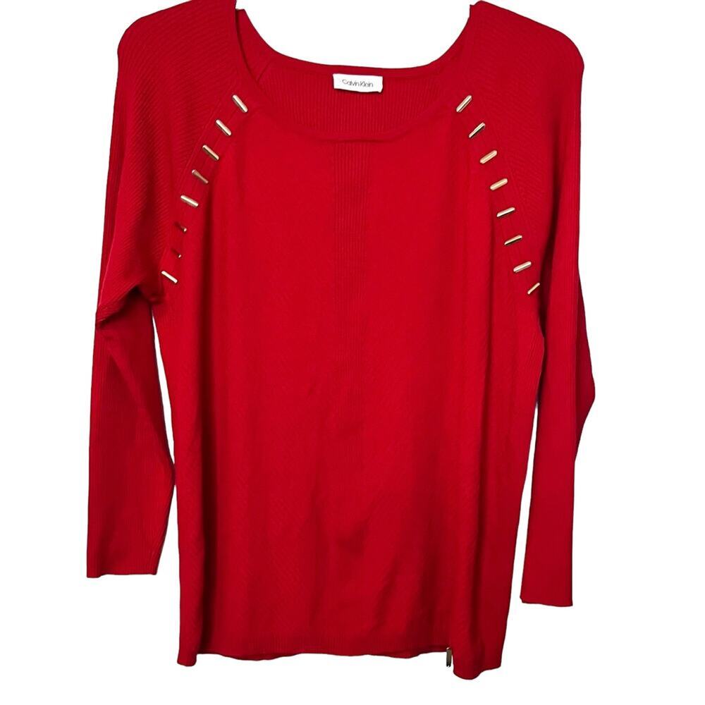 CALVIN KLEIN LONG RAGLAN SLV PULL-OVER RIBBED KNIT SWEATER, WOMENS, XL, RED